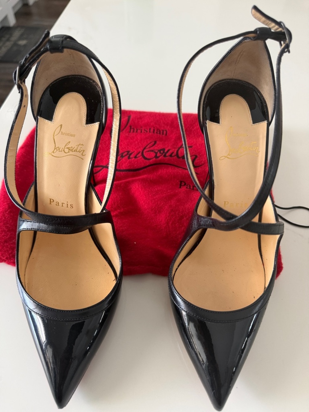 Christian Louboutin Black Patent Leather Pointed-Toe Ankle-Strap Pumps